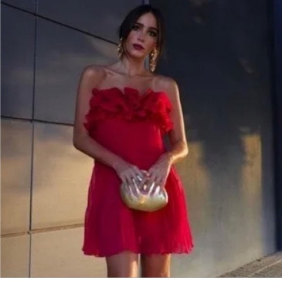 NWT Zara Ruffle Strapless Pleated Mini Dress - Picture 3 of 13